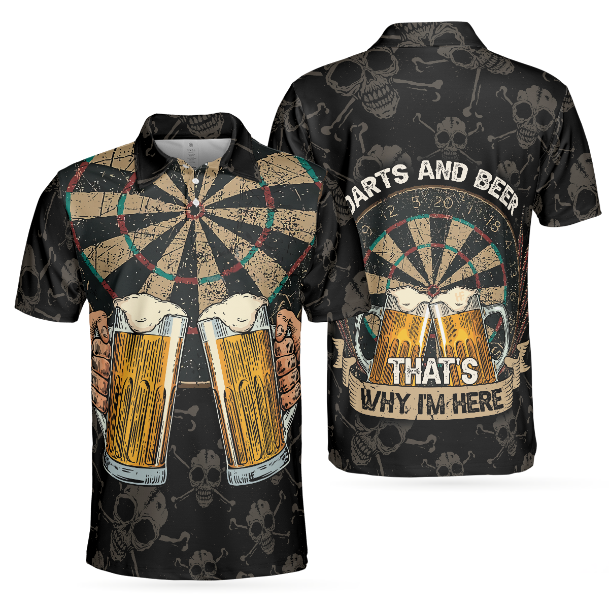 Darts And Beer That's Why I'm Here Short Sleeve Polo Shirt, Skull Darts Print Shirt For Men, Best Gift For Dart Lover