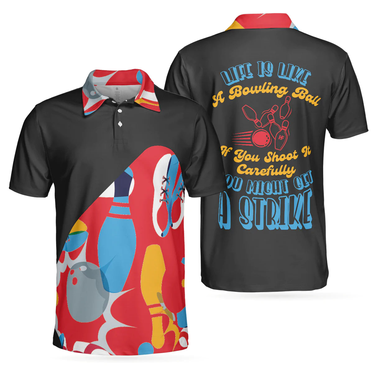 Colorful Tenpin Bowling Men Polo Shirt, Life Is Like A Bowling Ball Shirt For Male, Gift Idea For Bowling Lovers