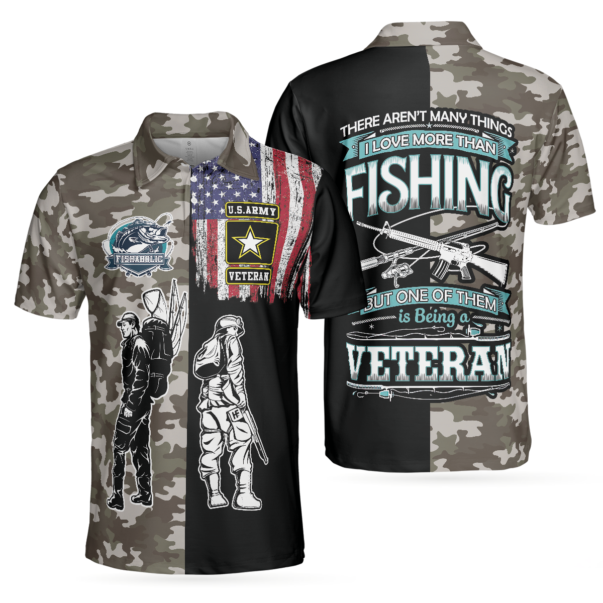 Veteran Fishing With American Flag Polo Shirt, Camouflage Veteran Fisher Sketching Polo Shirt, Patriotic Fishing Shirt For Men - Perfect Gift For Men