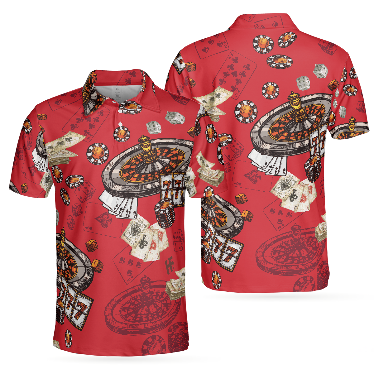 Casino Pattern Red Short Sleeve Polo Shirt, Roulette Wheel Polo Shirt, Best Casino Shirt For Men