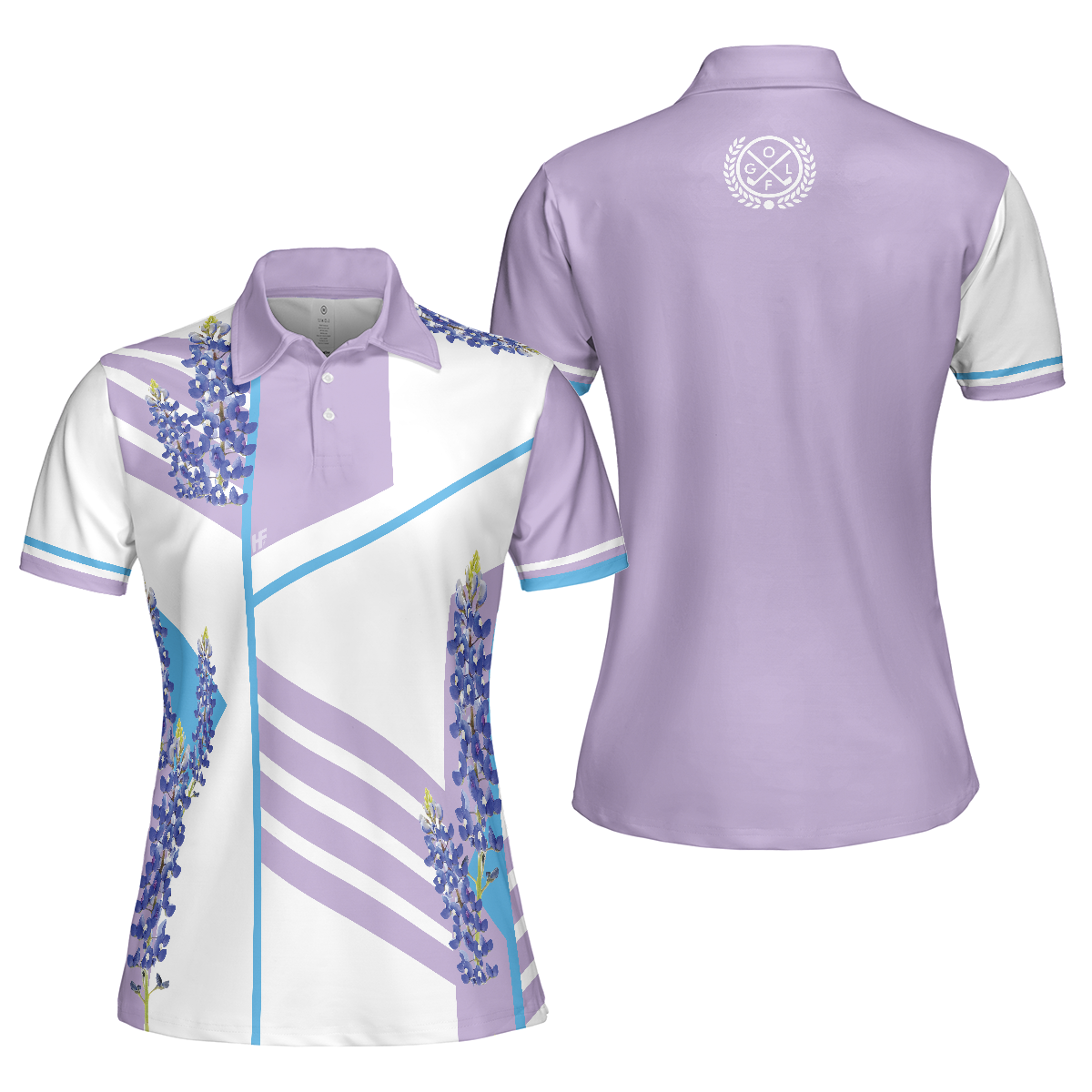 Women Polo Shirt - Bluebonnet With Purple Stripe Golf Short Sleeve Women Polo Shirt, White And Purple Texas Golf Shirt For Ladies