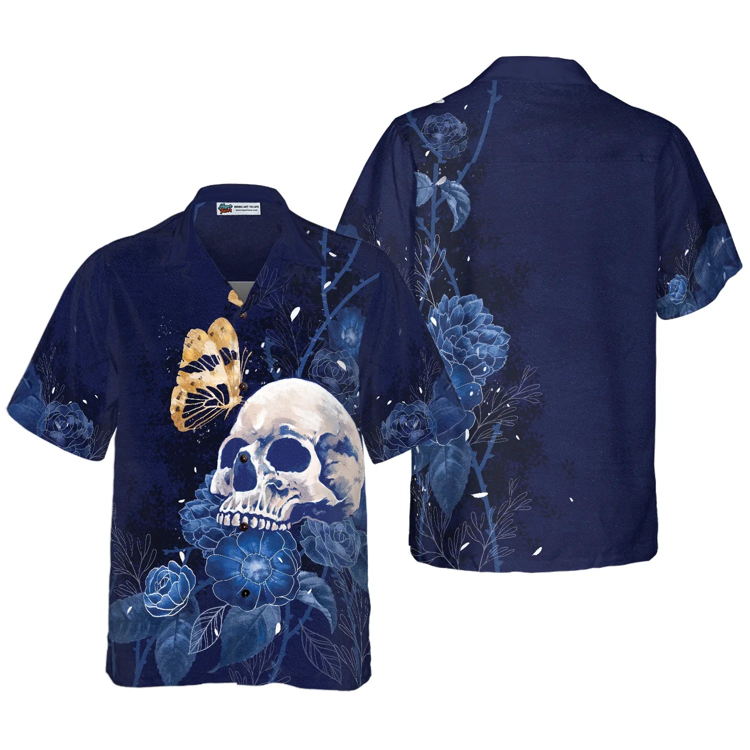 Artistic Gothic Skull with Butterfly Hawaiian Shirt, Blue Peony Flowers Goth Aloha Shirt For Men, Best Gift For Summer, Husband, Boyfriend