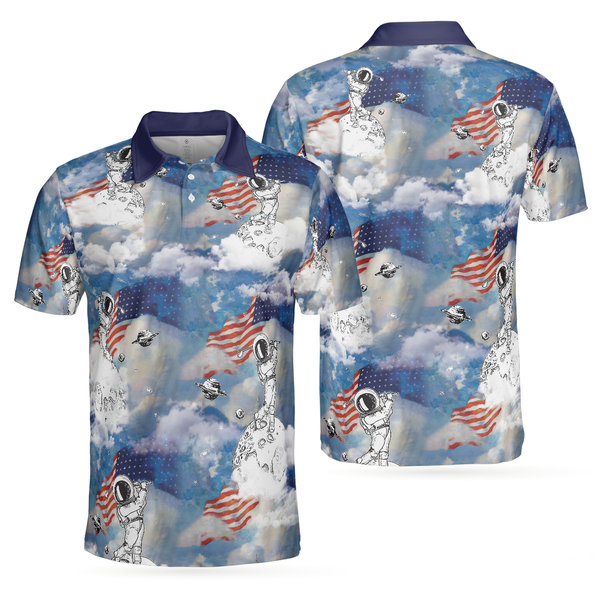 Men Polo Shirt - Astronaut Plays Golf In Space American Flag Men Polo Shirt - Gift For Golfer - Cloud Golfing Men Polo Shirt