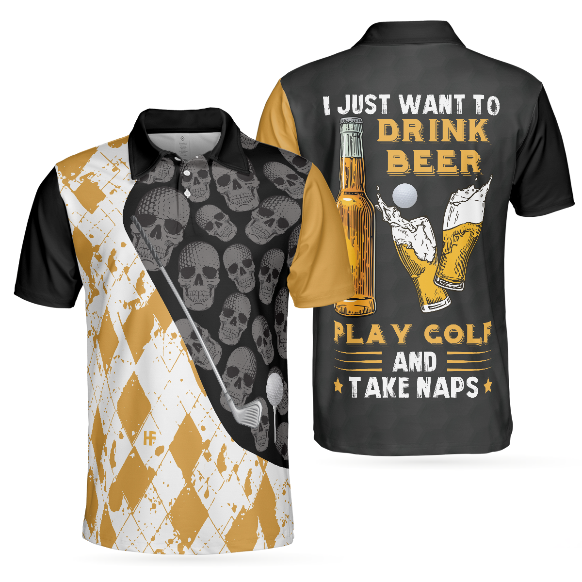 I Just Want To Drink Beer Play Golf And Take Naps Polo Shirt, Yellow Argyle Pattern Golfing Shirt For Male Players