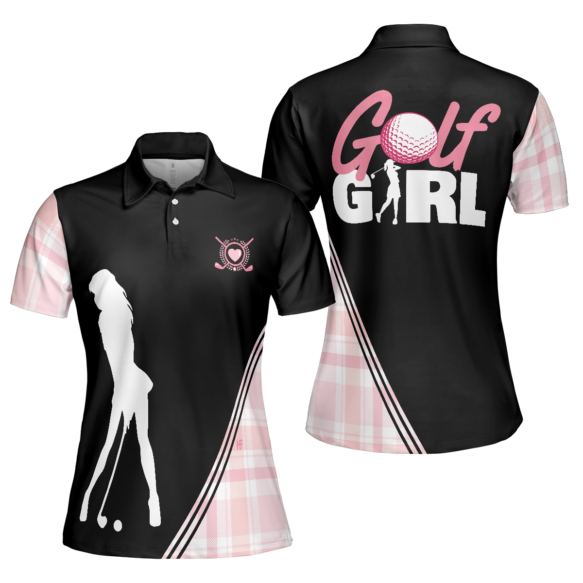 Golf Girl In Black And Pink Plaid Pattern Golf Short Sleeve Women Polo Shirt, Unique Golf Shirt For Ladies, Polo Shirt For Women, Golf Gift For Women Golfers