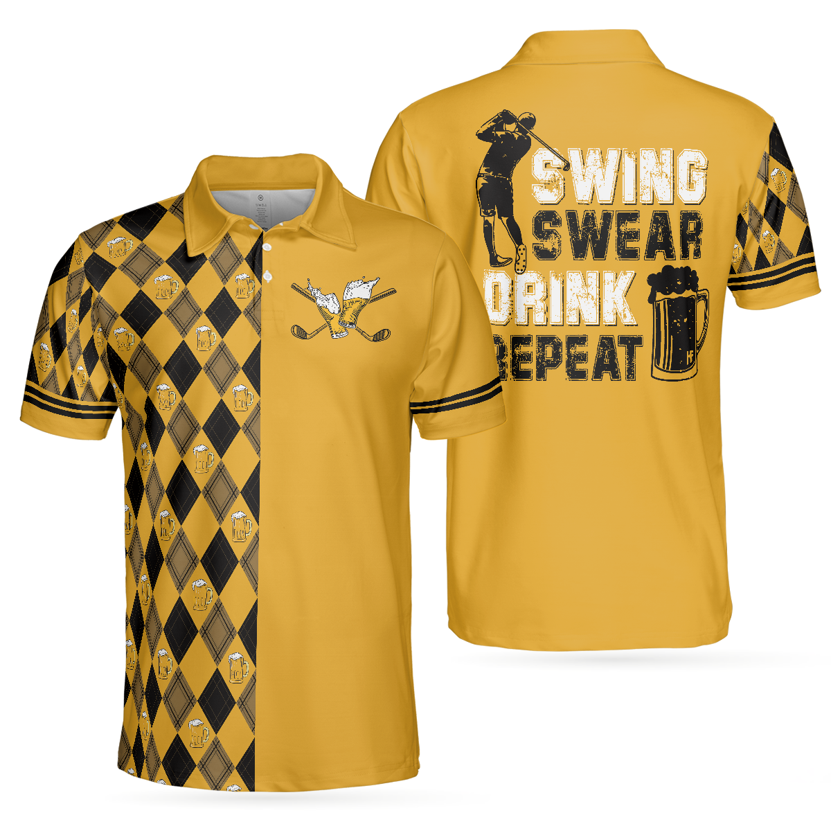 Swing Swear Drink Repeat Polo Shirt, Black And Yellow Argyle Pattern Shirt, Swag Golf Gift For Golfers - Perfect Gift For Men, Golfers