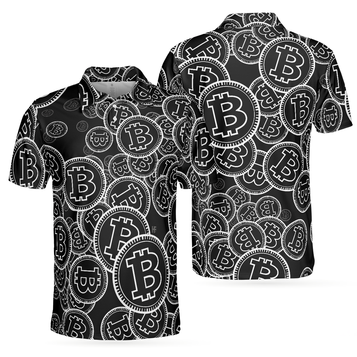 Digital Bitcoin Crypto Polo Shirt, Cool Cryptocurrency Short Sleeve Shirt, Black And White Bitcoin Polo - Gift For Men