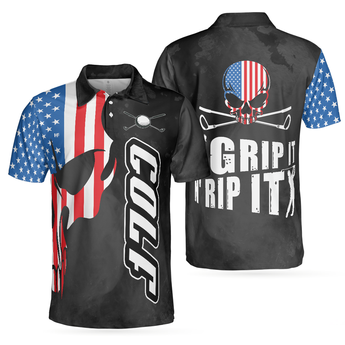 Skull American Flag Men Polo Shirt, Grip It N' Rip It Skull Golf With American Flag Golf Polo Shirt, Cool Golf Shirt Design For Male Players