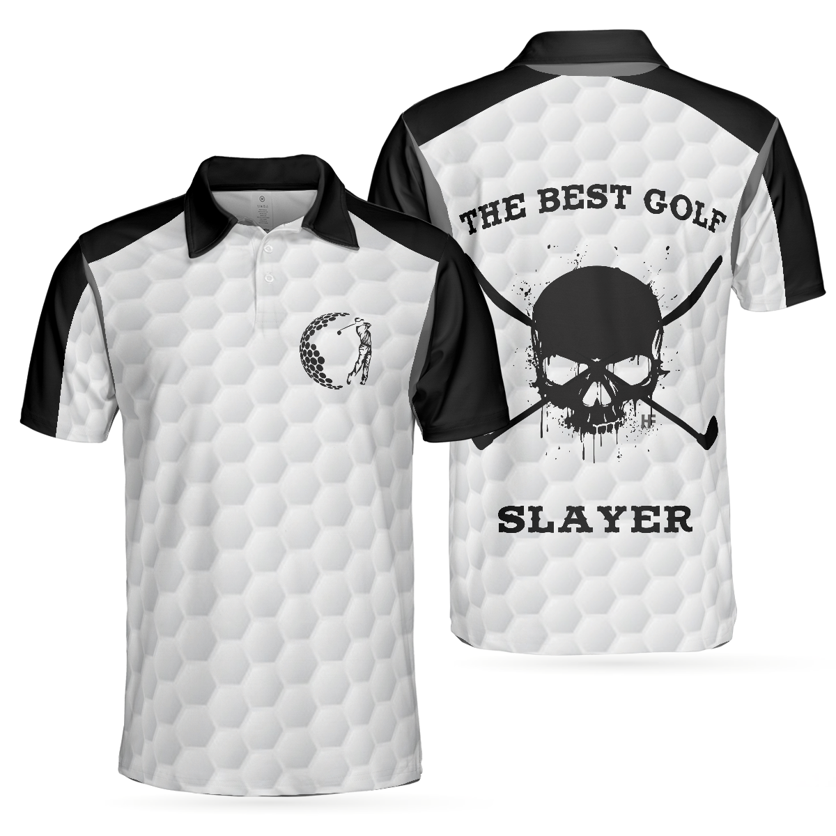 The Best Golf Slayer Wet Ink Skull Polo Shirt, Black Shoulder White Golf Pattern Polo Shirt, Best Golf Shirt For Men - Perfect Gift For Men