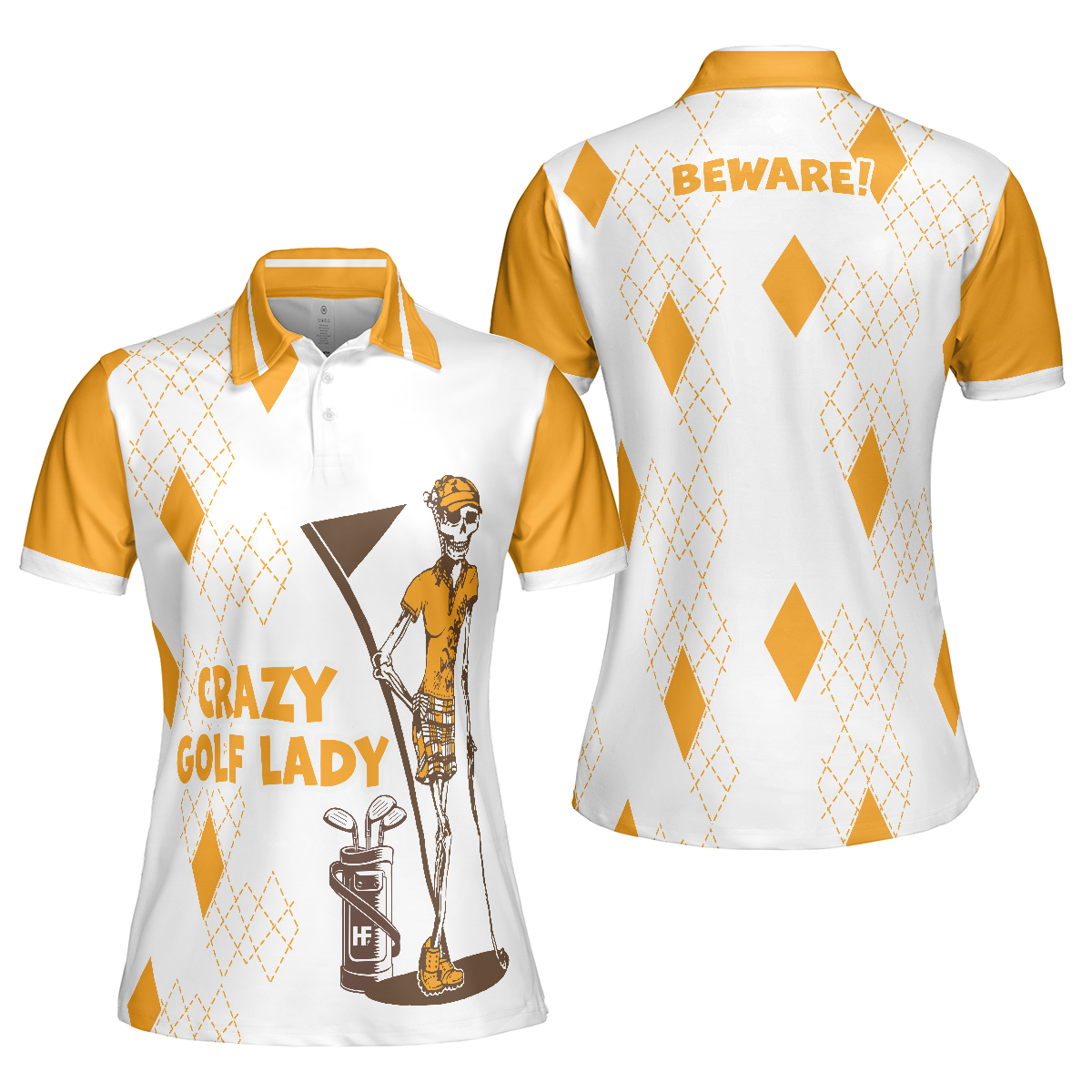 Crazy Golf Lady Short Sleeve Women Polo Shirt, White And Yellow Golf Shirt For Ladies, Funny Female Golf Gift, Best Gift Ideas For Golfers Women