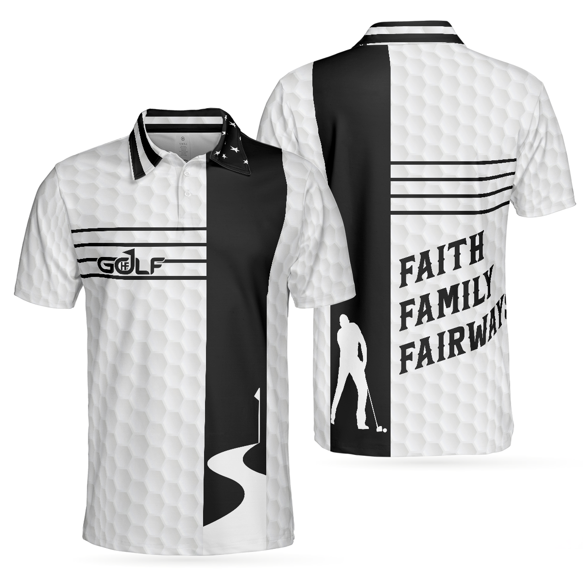 Black And White Golf Men Polo Shirt, Faith Family Fairways American Flag Golf Shirt For Men, Gift For Golfers