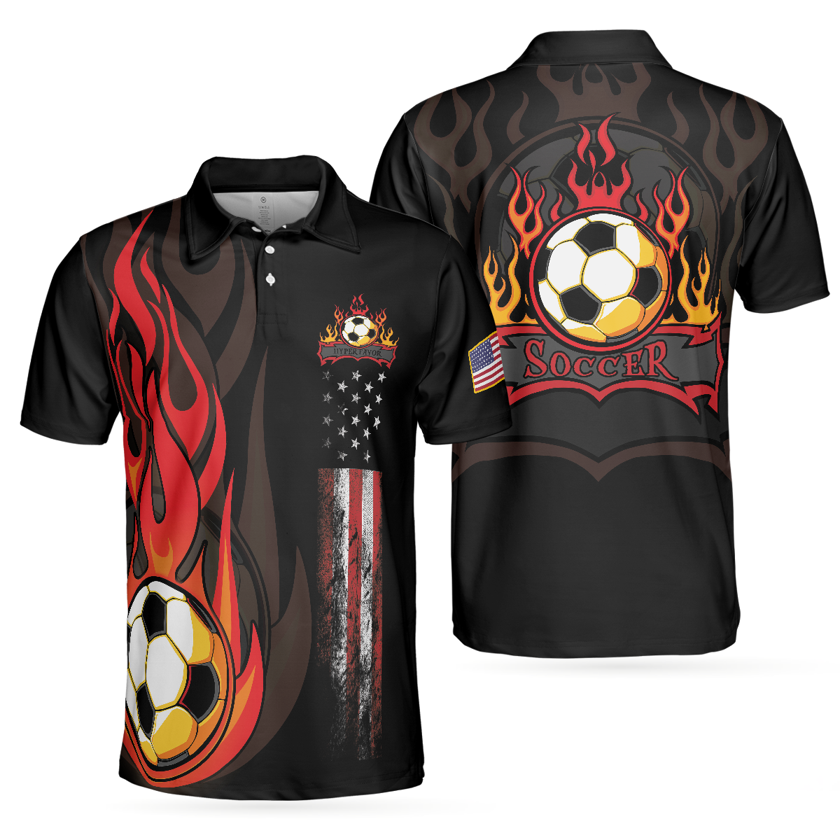 Soccer Flame Short Sleeve Black Polo Shirt, Black American Flag Polo Shirt, Best Soccer Shirt For Men - Perfect Gift For Men, Soccer Lovers