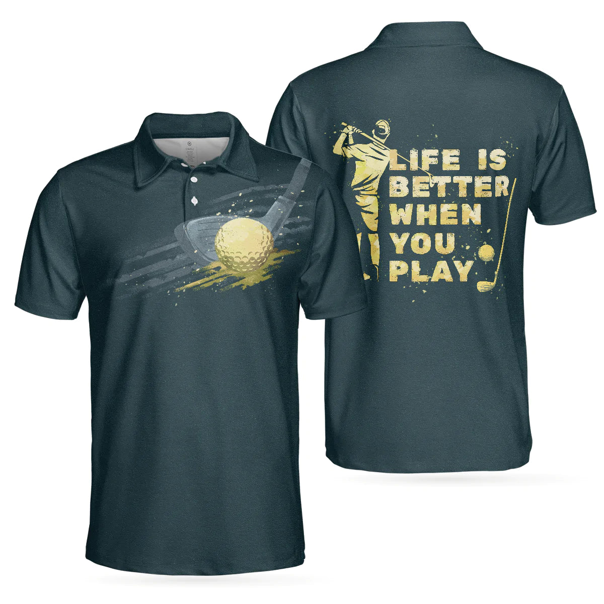 Dark Green Golfing Men Polo Shirt, Life is better when you play Golf Artistic Short Sleeve Shirt For Male