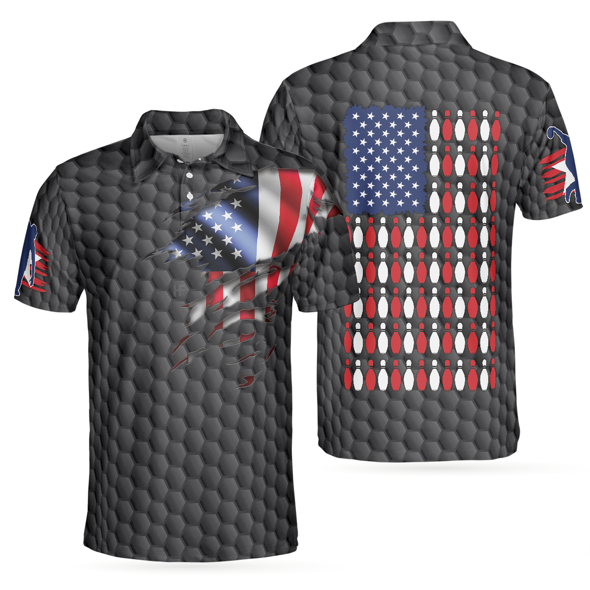 Bowling Men Polo Shirt - Bowling Pin American Flag Polo Shirt, Black Ten Pin Bowling Polo Shirt - Perfect Gift For Friend, Family, Bowling Lovers