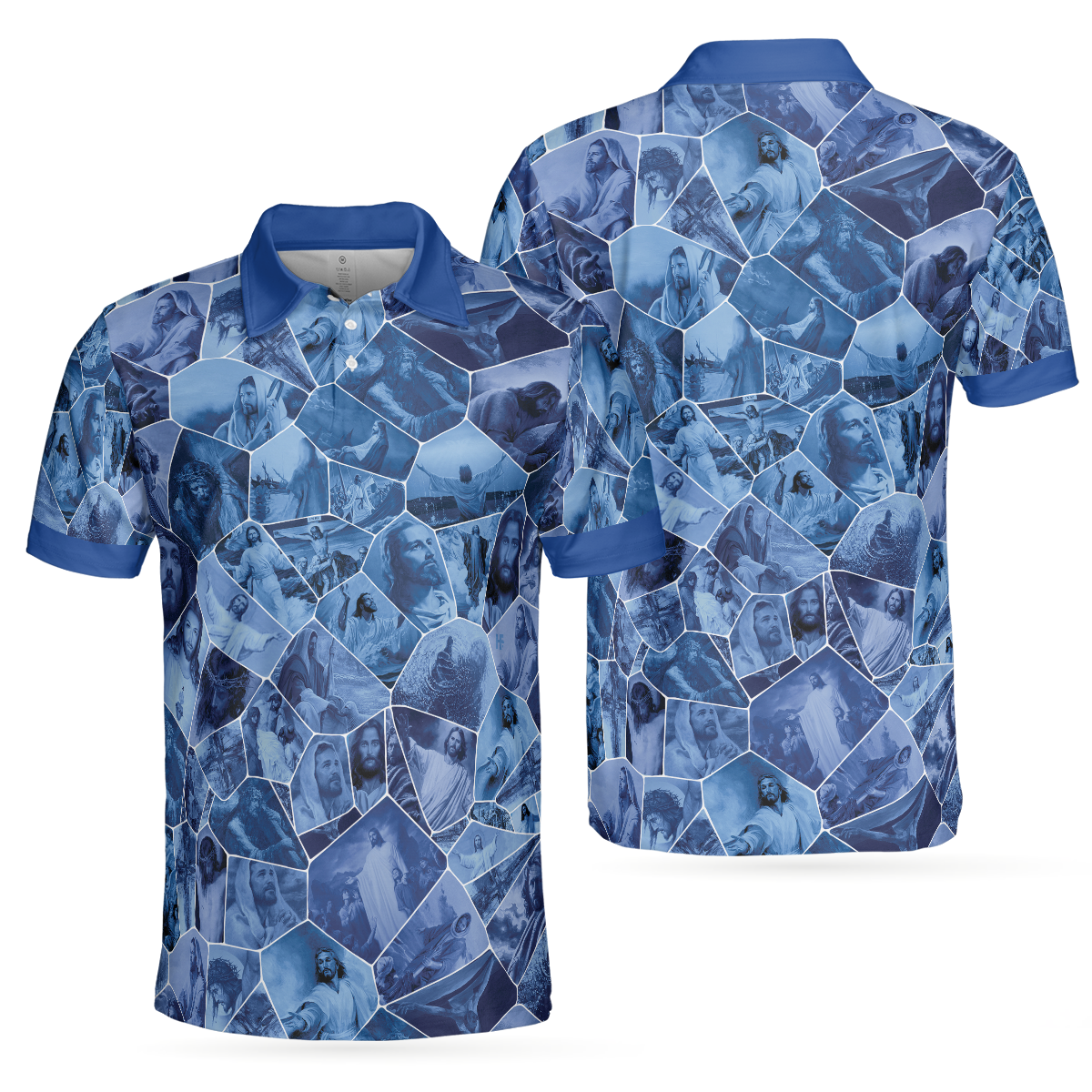 Holy Blue Stained Glass Men Polo Shirt, Blue Jesus Gallery Polo Shirt, Best Christian Shirt For Men