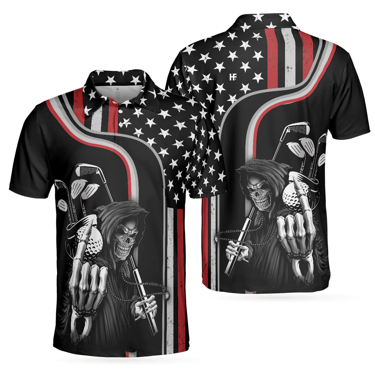 Reaper American Flag Short Sleeve Golf Polo Shirt, Black Theme Reaper Golfer Golf Shirt For Men - Gift For Golfer