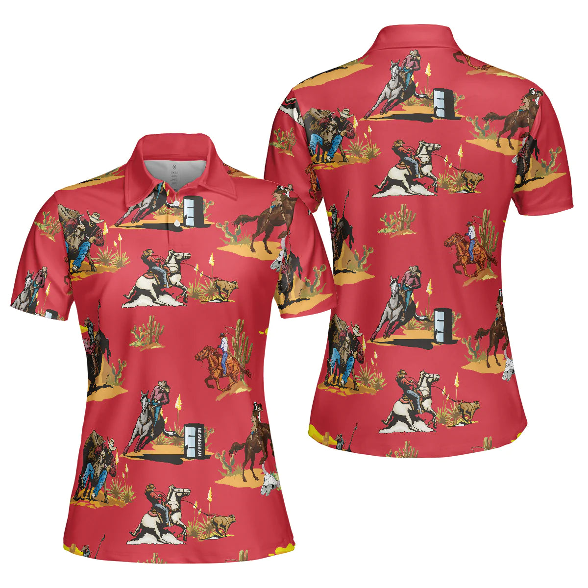 Rodeo Seamless Pattern Short Sleeve Women Polo Shirt, Red Texas Cowboy Polo Shirt, Rodeo Shirt For Female