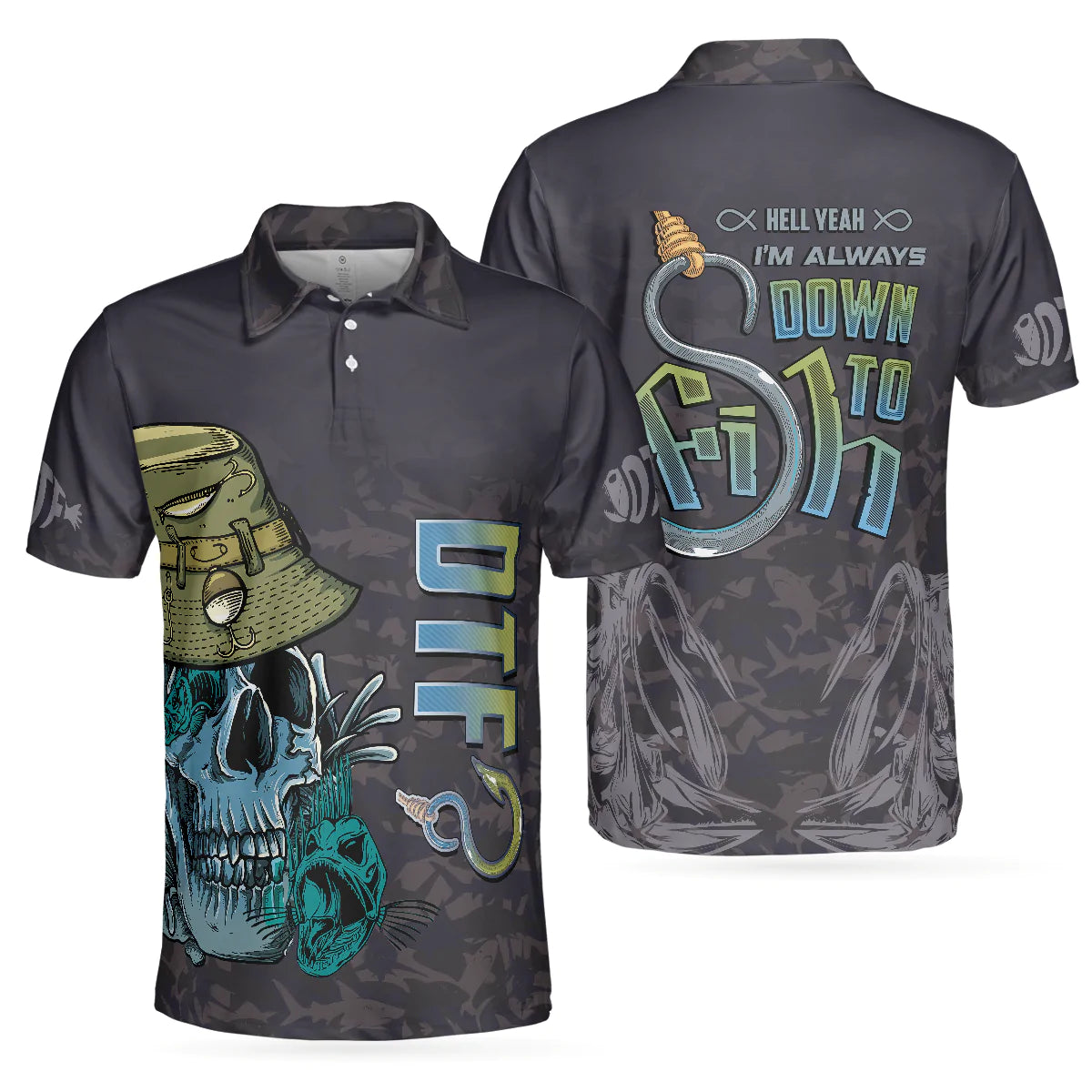 Black Skull Fishing Men Polo Shirt, I'm Always DTF Down to Fish Fishing Polo Shirt, Best Fishing Shirt for Men