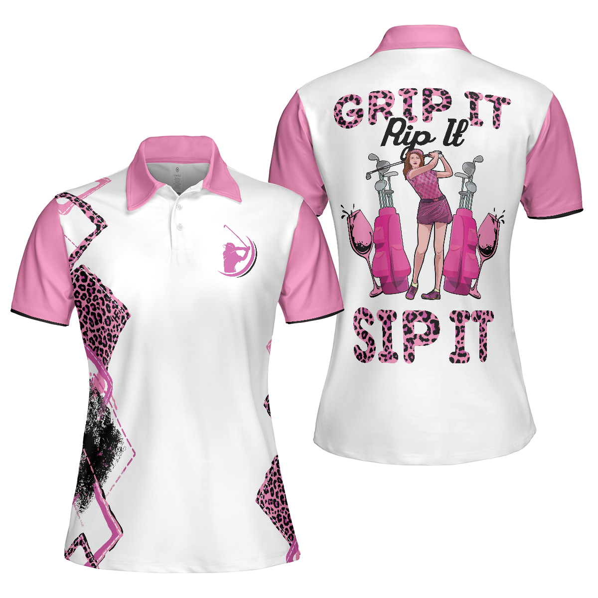 Pink Leopard Pattern Golf Women Polo Shirt, Grip It Rip It Sip It Short Sleeve Shirt For Ladies