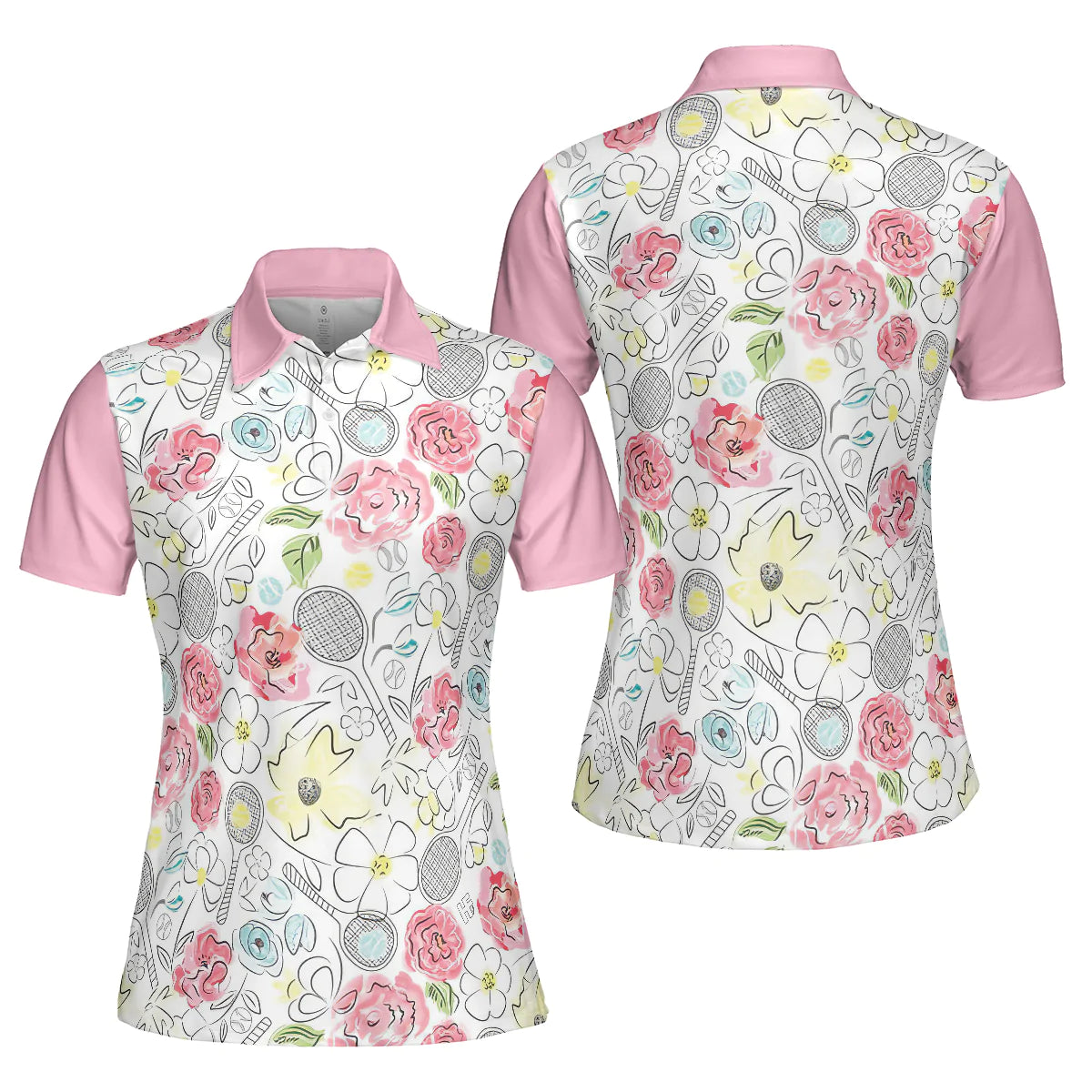 Women Polo Shirt - Lovely Pink Floral Tennis Pattern Short Sleeve Women Polo Shirt - Gift For Golfer