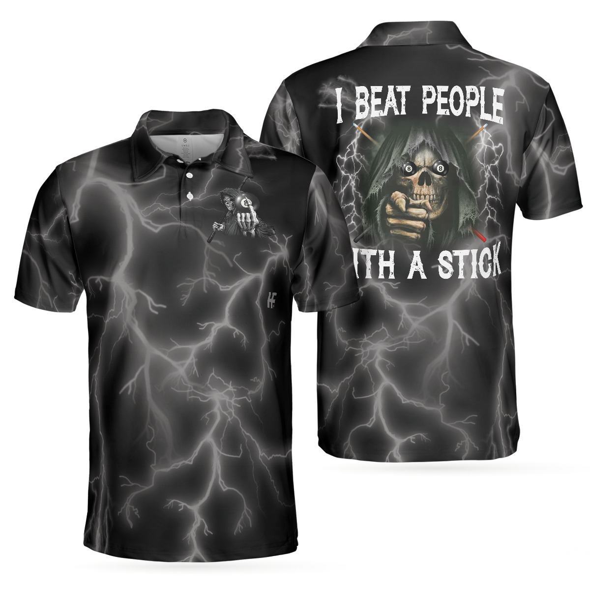 Billiards Men Polo Shirt, I Beat People With A Stick Polo Shirt, Black Billiards Polo Shirt For Billiards Enthusiasts, Scary Shirt