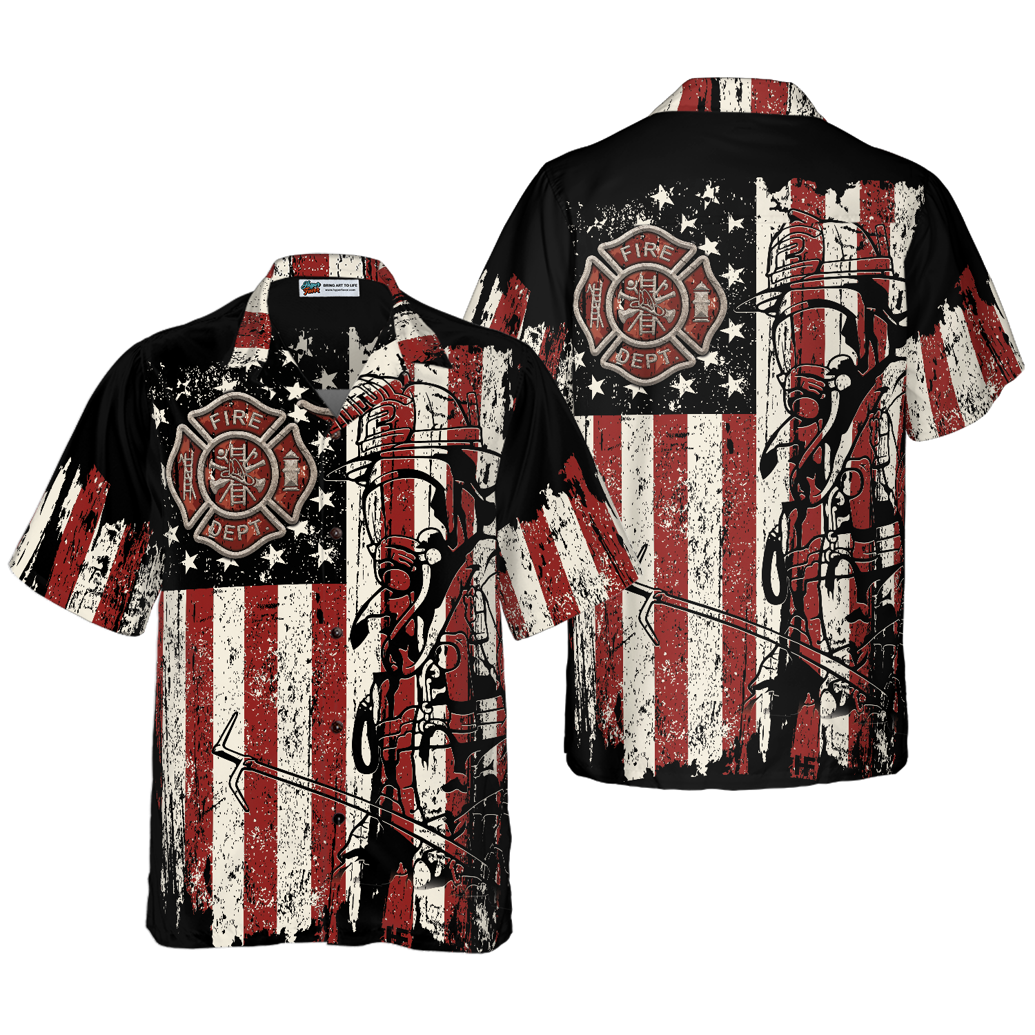 Black American Flag Fire Dept Firefighter Hawaiian Shirt, Fire Department Badge Firefighter Shirt For Men, Best Gift For Firefighter