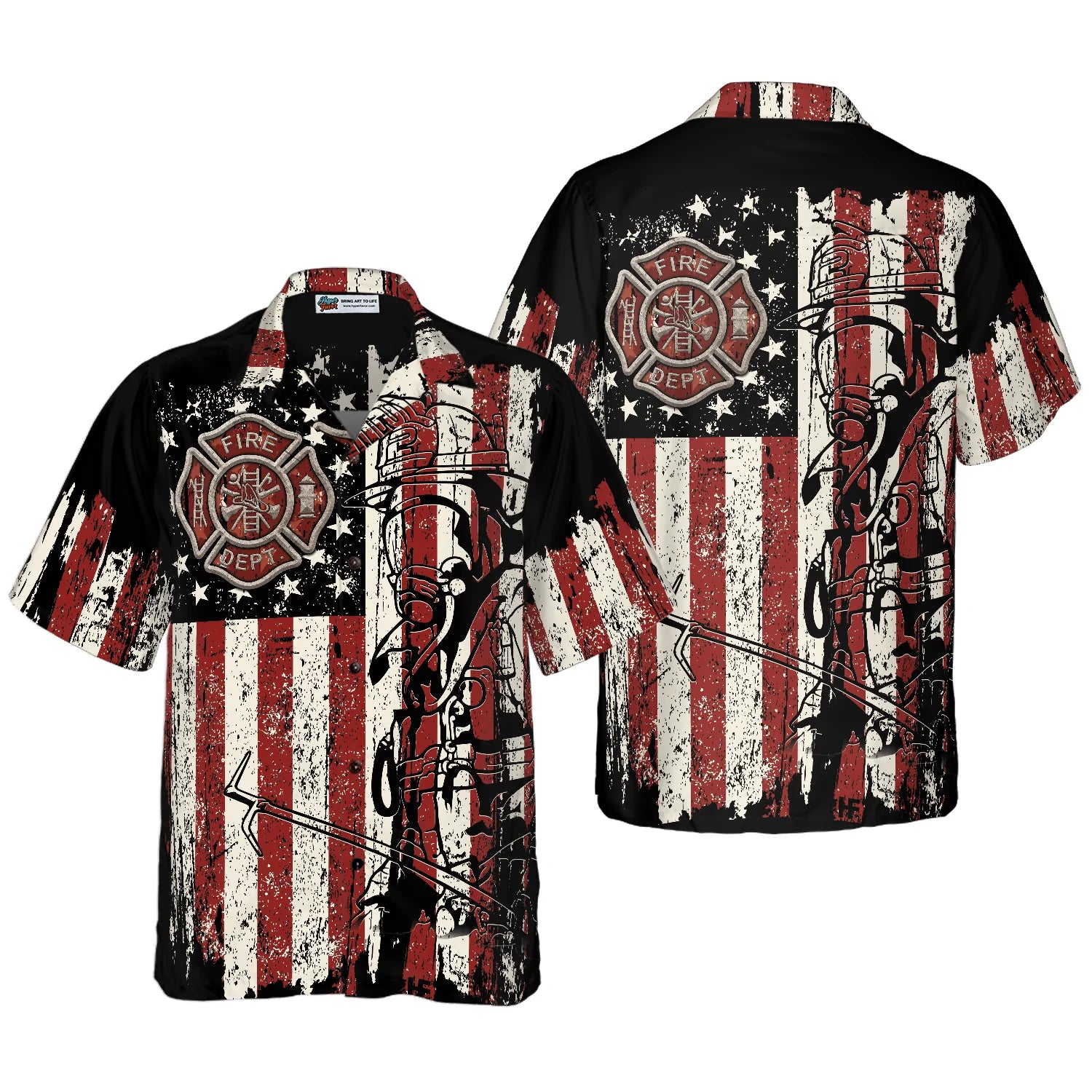 Black American Flag Fire Dept Firefighter Hawaiian Shirt, Fire Department Badge Firefighter Shirt For Men, Perfect Gift For American Flag Lovers, Friends, Husband, Boyfriend, Family