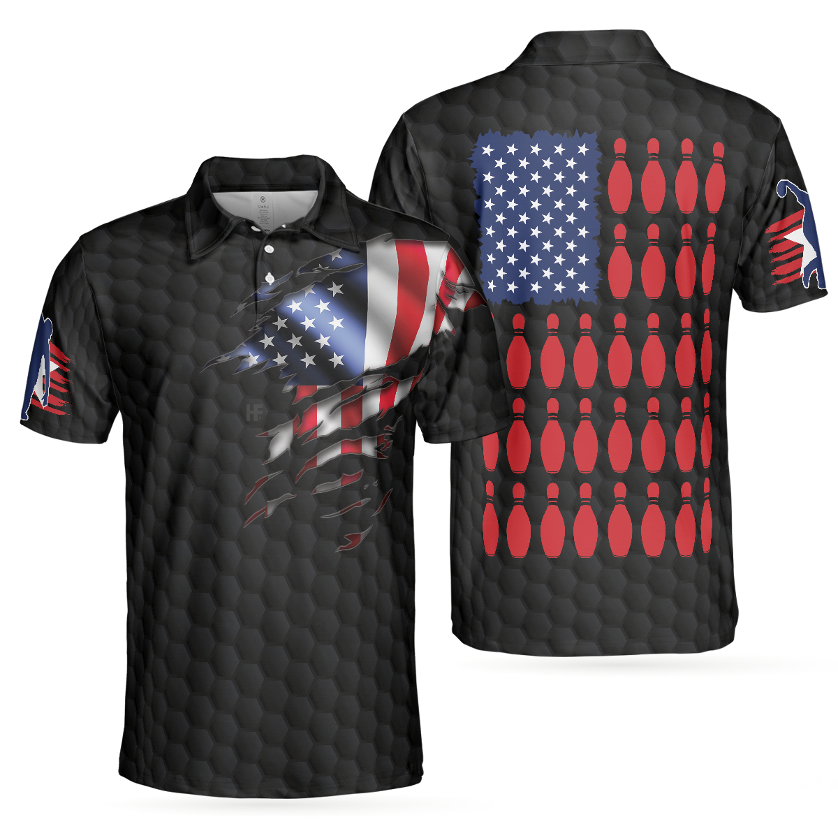 Bowling Men Polo Shirt - Black American Flag Bowling Men Polo Shirt, Cool USA Flag Bowling Shirt For Men - Perfect Gift For Friend, Family, Bowling Lovers