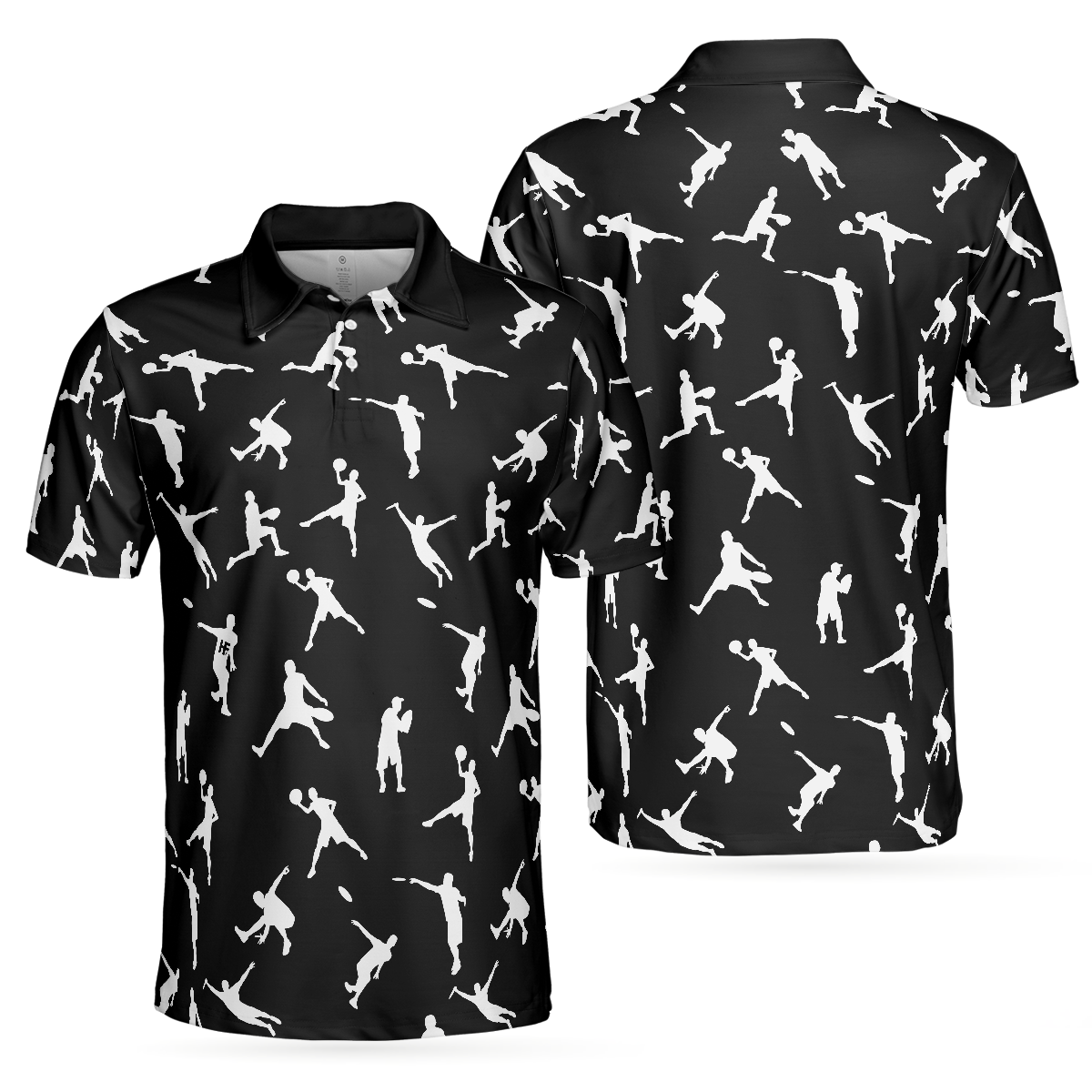 Silhouette Playing Disc Golf Polo Shirt, Black And White Disc Golfer Pattern Polo Shirt, Disc Golf Shirt For Men