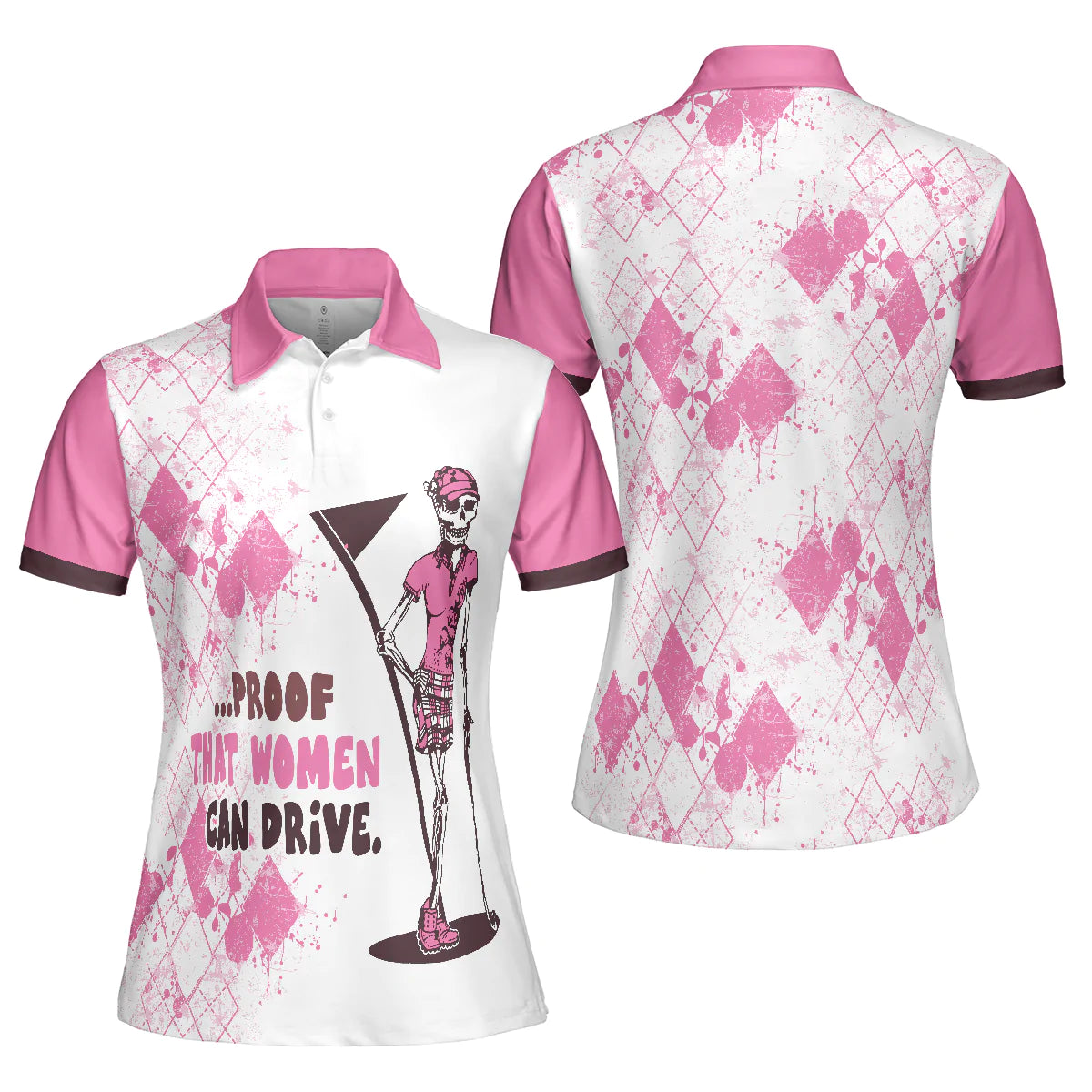 Ladies Mrs. Bones Golf Pink Argyle Pattern Short Sleeve Women Polo Shirt, Proof That Women Can Drive White And Pink Golf Shirt For Ladies