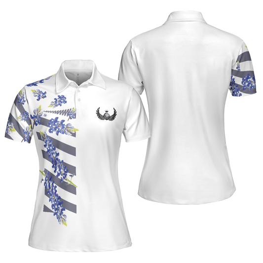 Women Polo Shirt - Bluebonnet Golf Short Sleeve Women Polo Shirt, Floral Texas Golf Shirt For Ladies