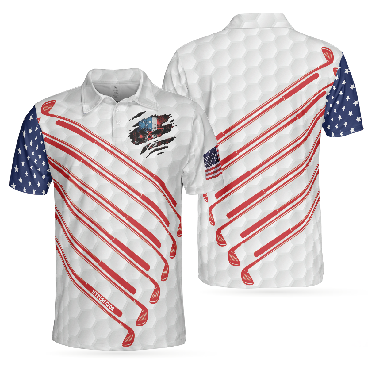 American Flag Skull White Golf Pattern Men Polo Shirt, Ripped American Flag Polo Shirt, Patriotic Golf Shirt For Men, Best Gift For Golfers