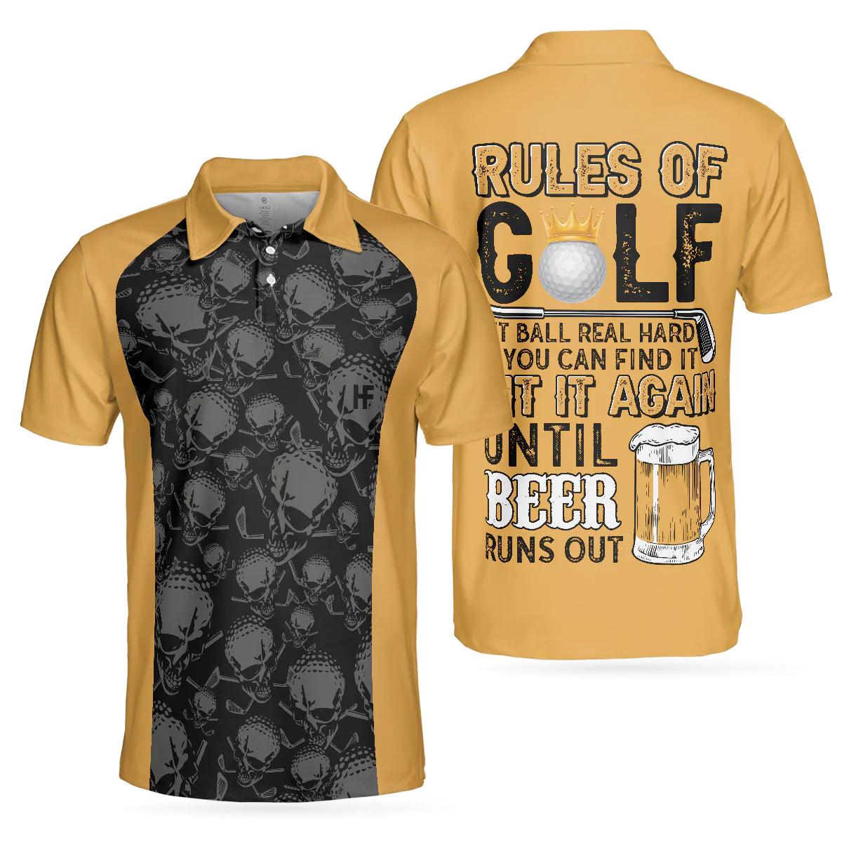 Rules Of Golf Men Polo Shirt, Black And Orange Golfing Shirt With Sayings, Cool Golf Gift For Beer Lovers