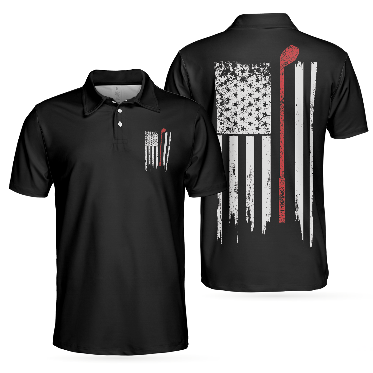 Black And White American Flag Golf Clubs Men Polo Shirt, Golf Nation Short Sleeve Golf Polo Shirt, Patriotic Golf Shirt For Men