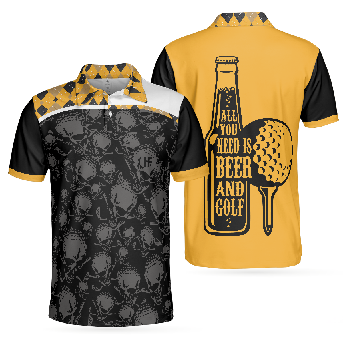 Skull Golf Men Polo Shirt, All You Need Is Beer & Golf Polo Shirt, Black And Yellow Argyle Pattern Golf Shirt For Men, Gift For Beer & Golf Lovers