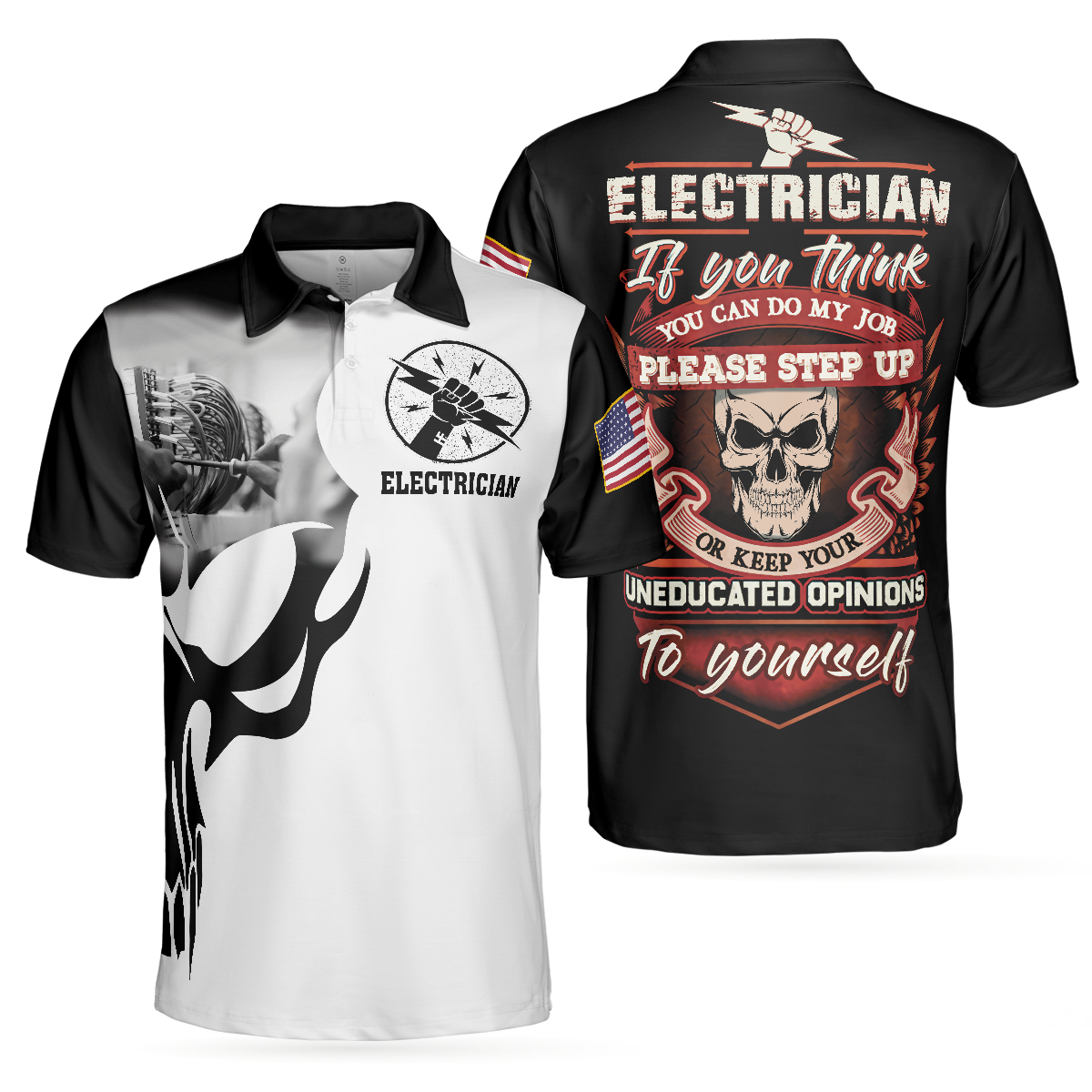 Electrician Proud Skull Black And White Men Polo Shirt, If You Think You Can Do My Job Electrician Shirt For Men, Gift For Electrician