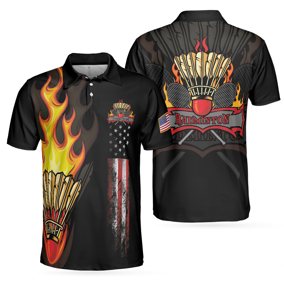 Men Polo Shirt - Badminton Flame Men Polo Shirt - Gift For Golfer - Black Theme American Flag Badminton Men Polo Shirt