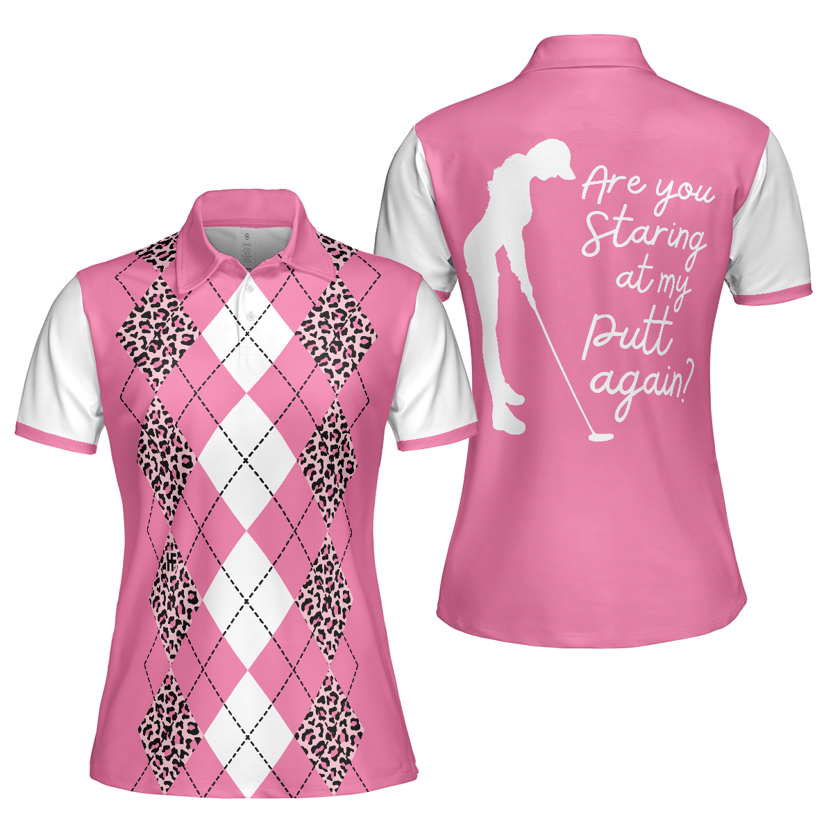 White And Pink Argyle Pattern Golf Women Polo Shirt, Are You Staring At My Putt Again Golf Short Sleeve Shirt For Ladies, Gift For Golfers