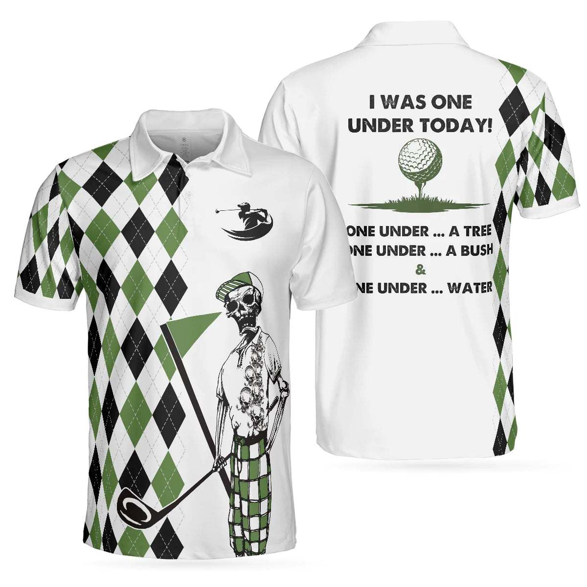 Black And Green Argyle Pattern Skeleton Golf Polo Shirt, I Was One Under Today Polo Shirt, Gift Idea For Male Players, Gift For Golfers