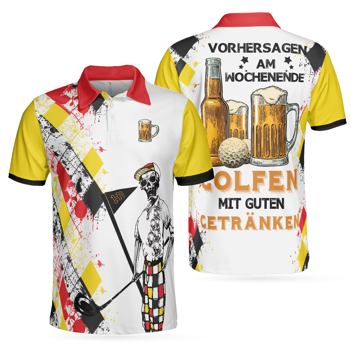 Vorhersagen Am Wochenende Golf Und Bier Polo Shirt, German Argyle Pattern Skeleton Golfer Golf Shirt For Men - Perfect Gift For Men, Golfers