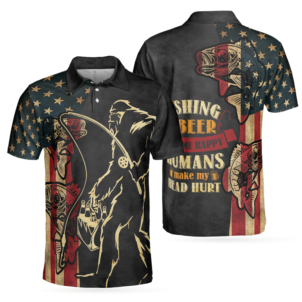 Vintage Bigfoot American Flag Fishing Men Polo Shirt, Fishing And Beer Make Me Happy Shirt For Men, Gift For Fishing Lovers