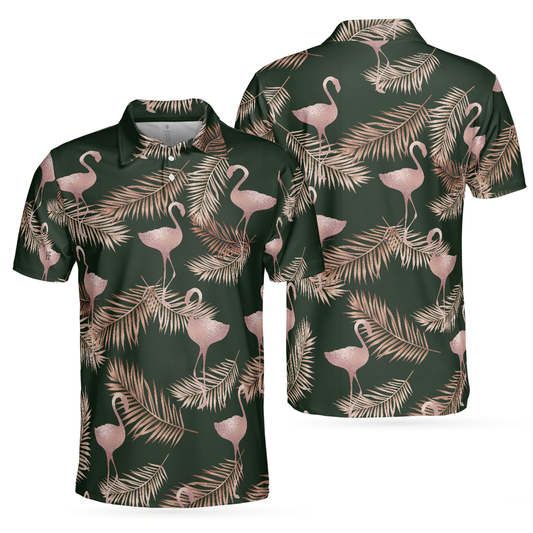 Flamingo Rose Gold Pattern Polo Shirt, Flamingo Themed Polo Shirt For Adults, Rose Gold Short Sleeve Shirt, Gift For Flamingo Lovers