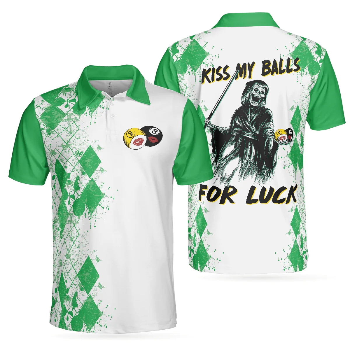 Green Argyle Pattern Billiards Men Polo Shirt, Kiss My Balls For Luck Death Polo Shirt, Polo Style Billiards Shirt For Male, Gift For Billiard Lovers