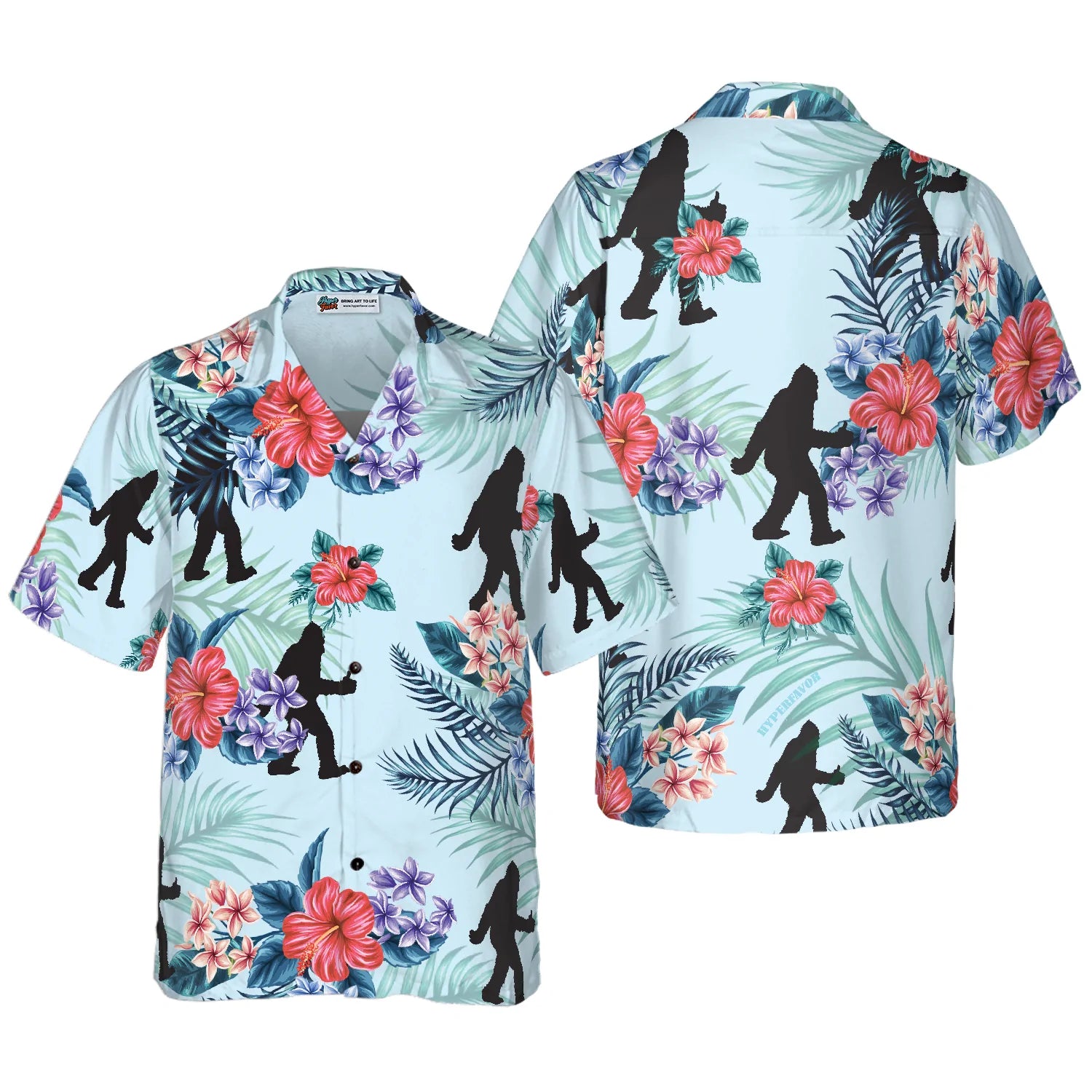 Bigfoot Bluebonnet Bigfoot Hawaiian Shirt, Arctic Blue Texas Floral And Leaves Bigfoot Shirt For Men, Bigfoot Tropical Flowers Aloha Shirt For Men, Perfect Gift For Summer Lovers, Friends, Husband, Boyfriend, Family