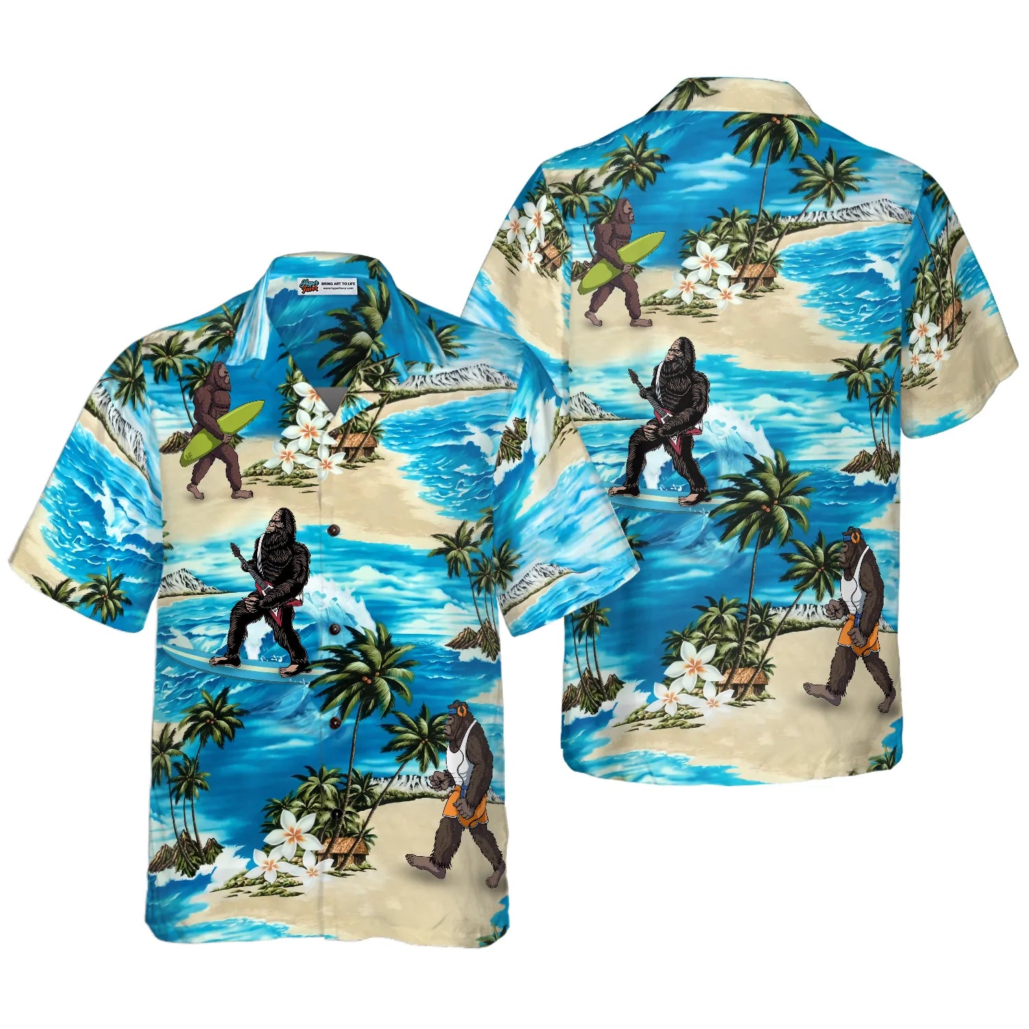 Bigfoot AIoha Beach Bigfoot Hawaiian Shirt, Palm Tree And Flower Blue Ocean Bigfoot Surfing Shirt For Men, Bigfoot Tropical Summer Beach Aloha Shirt For Men, Perfect Gift For Beach Lovers, Friends, Husband, Boyfriend, Family