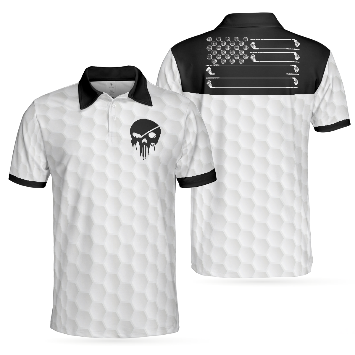 Golf Ball Pattern Skull Men Polo Shirt, Black And White American Flag Polo Shirt, Best Golf Shirt For Men