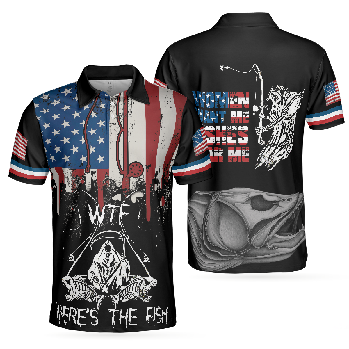 Woman Want Me Fishes Fear Me White Version Polo Shirt, Fish Skeleton Reaper American Flag Polo Shirt, Best Fishing Shirt For Men