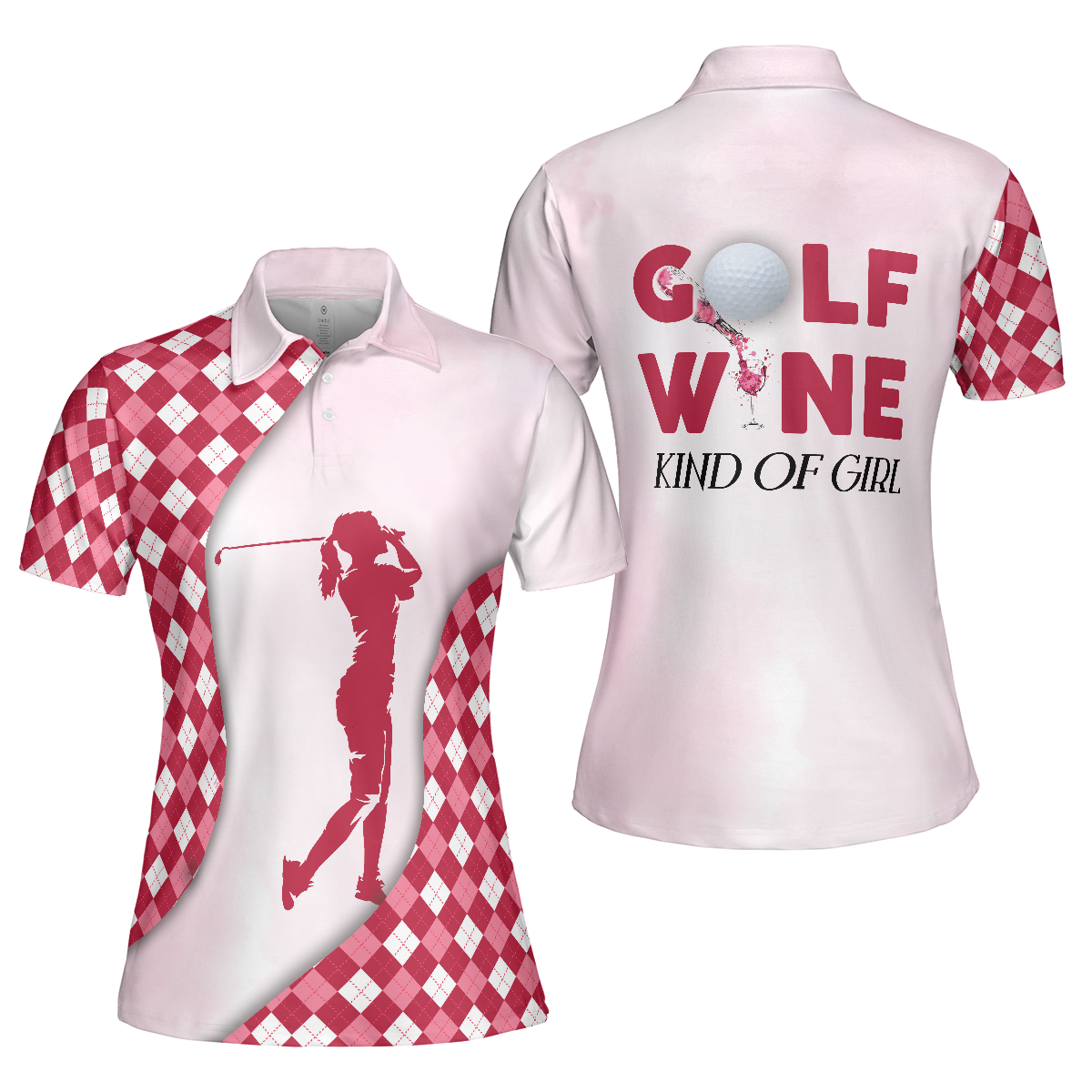 Pink Pattern Women Polo Shirt, Golf And Wine Kind Of Girl Short Sleeve Shirt For Golf Ladies