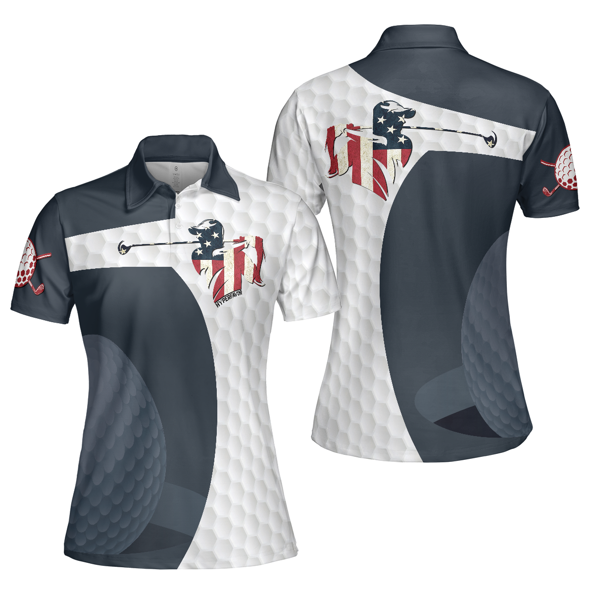 Golf Swing American Flag Women Polo Shirt, Golf Ball Texture Short Sleeve Women Polo Shirt