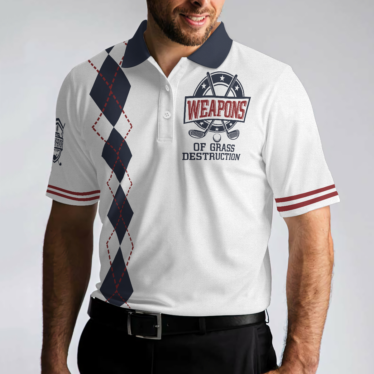 Weapons Of Grass Destruction Polo Shirt, White And Navy Argyle Pattern Polo Shirt, Best Golf Shirt For Men - Perfect Gift For Men, Golfers